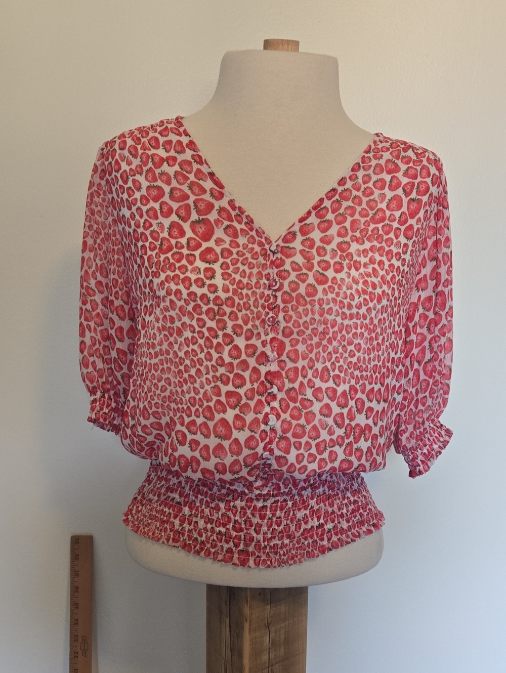 Joie Pink Strawberry-Print V-Neck Button Blouse
